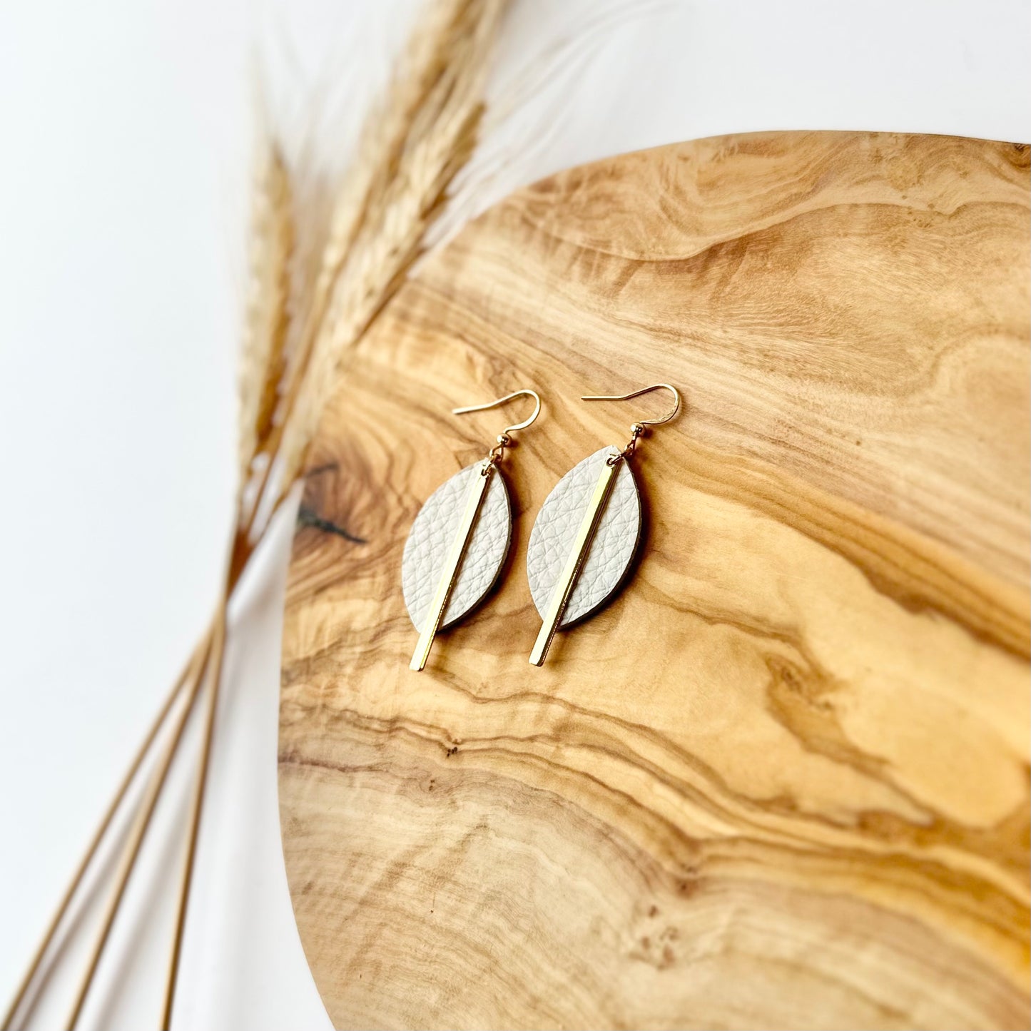 Cream Leather Leaf + Gold Bar Earrings