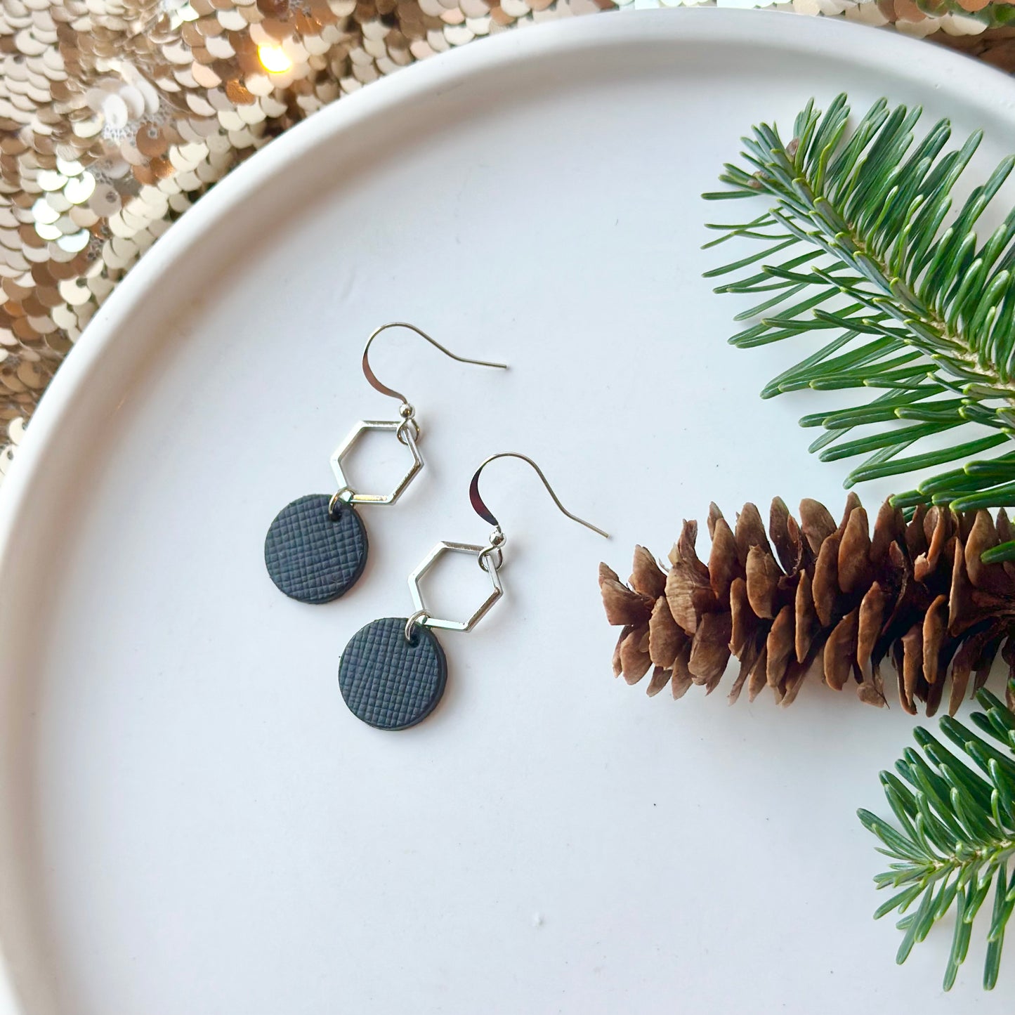 Black Textured Leather + Petite Rhodium Hexagon Earrings