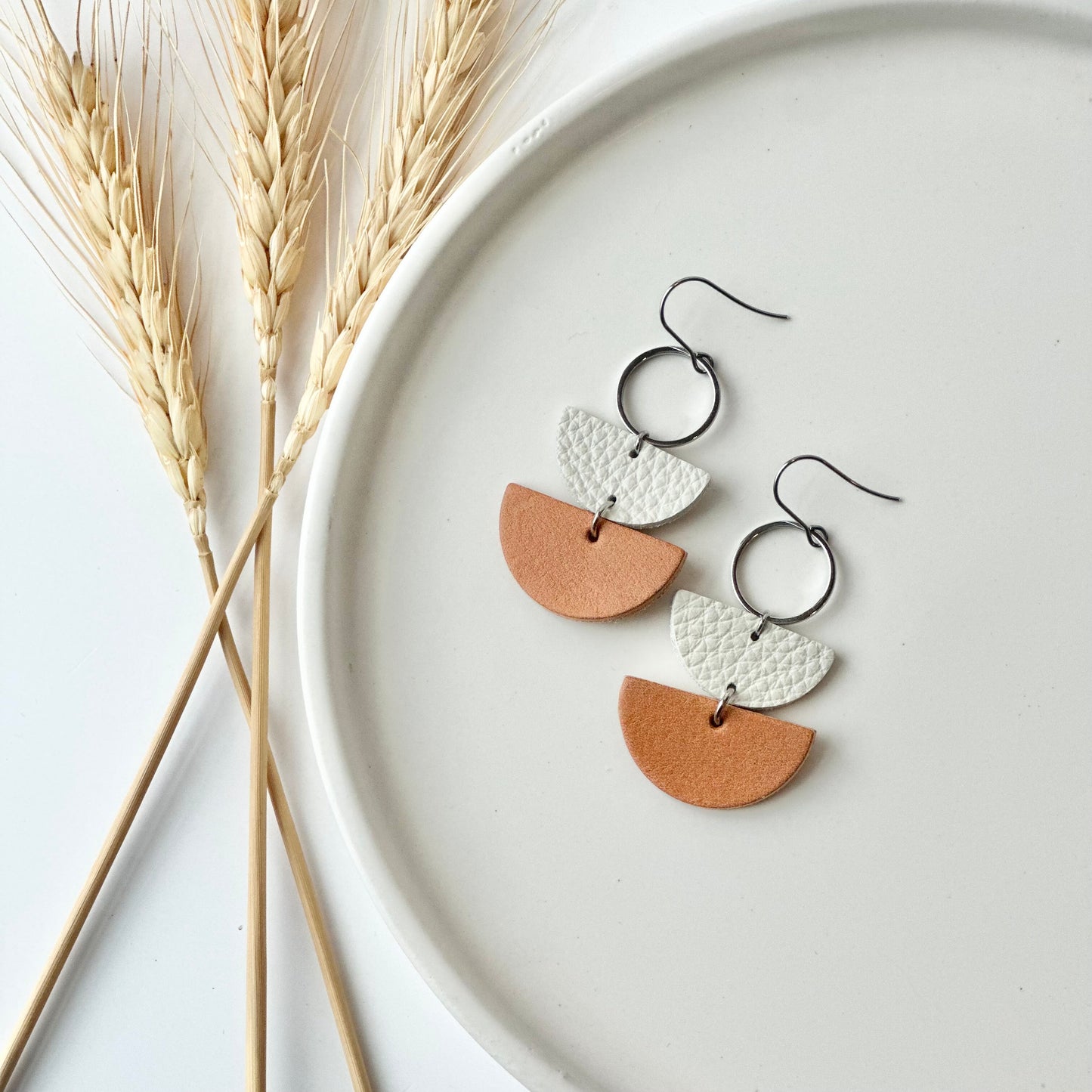 Natural + Cream Leather Half Circle + Hoop Earrings