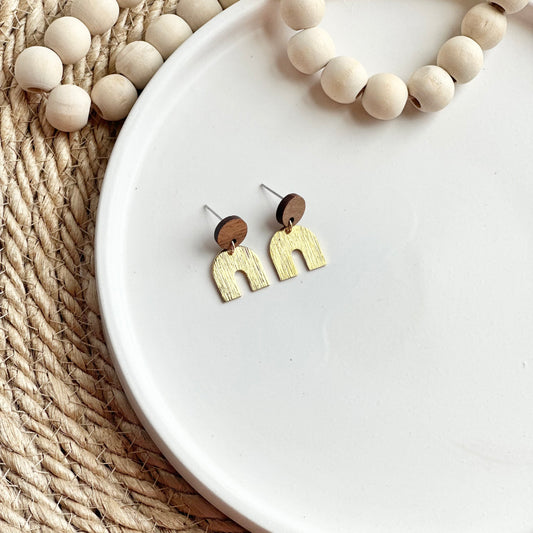 Brushed Gold Plated Arch + Wood Stud Earrings