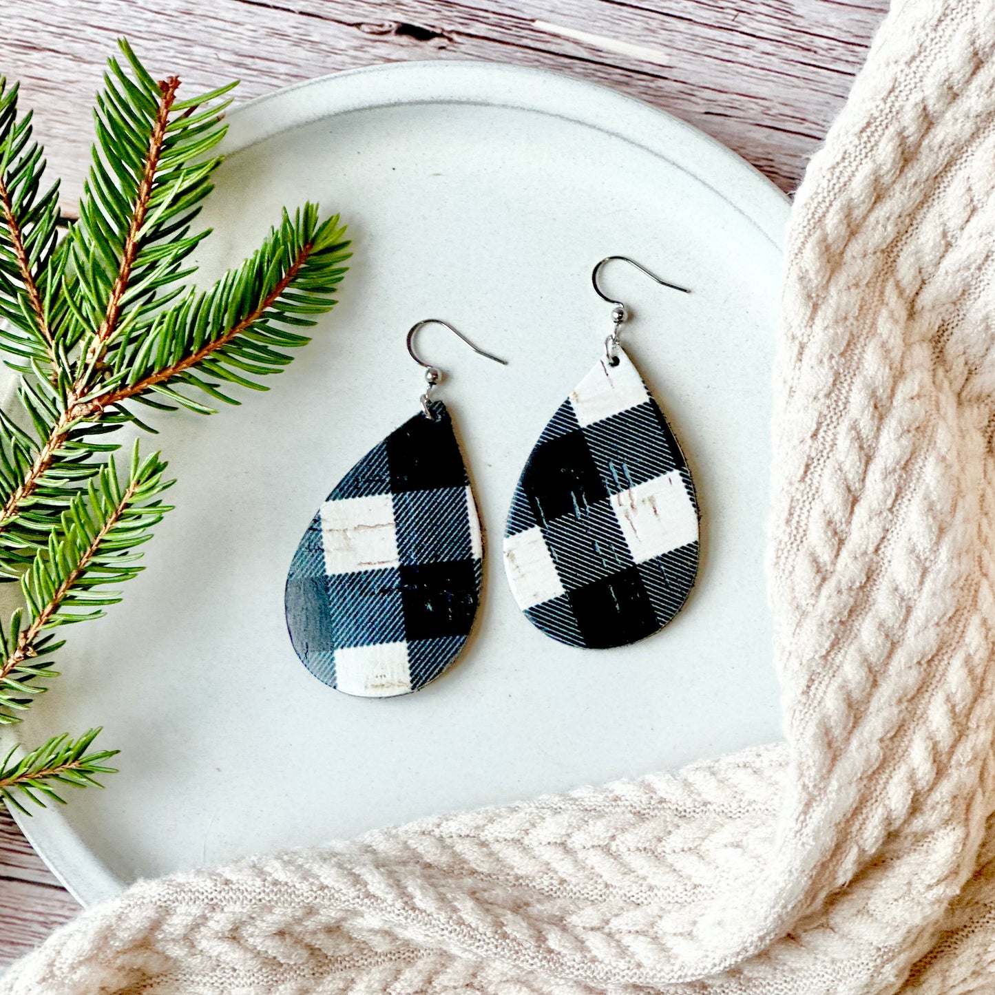 Buffalo Check Leather Teardrop Earrings