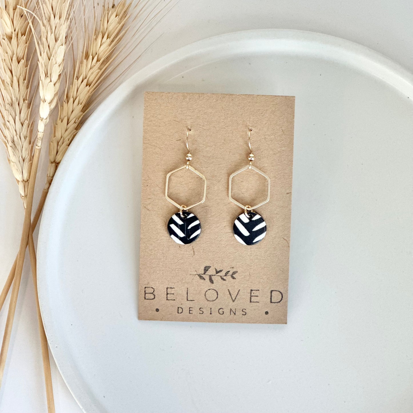 Black and White Chevron Cork Leather + Hexagon Earrings