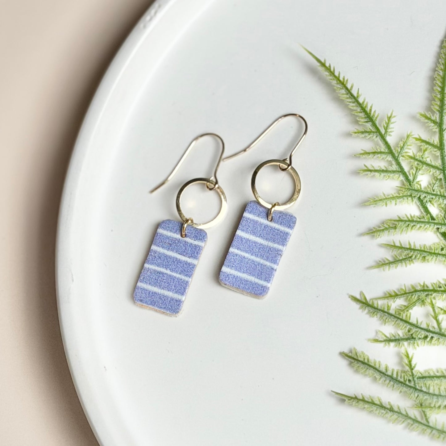 Cork Leather Rectangle + Hoop Earrings | Pale Blue Stripe