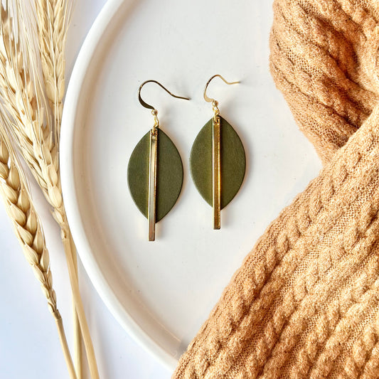 Olive Leather Leaf + Gold Bar Earrings