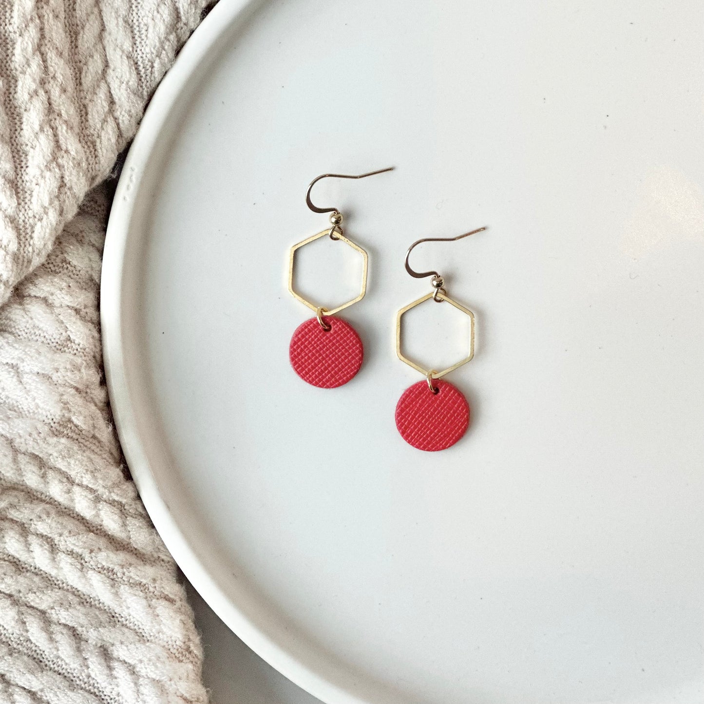 Cherry Red Leather + Hexagon Earrings