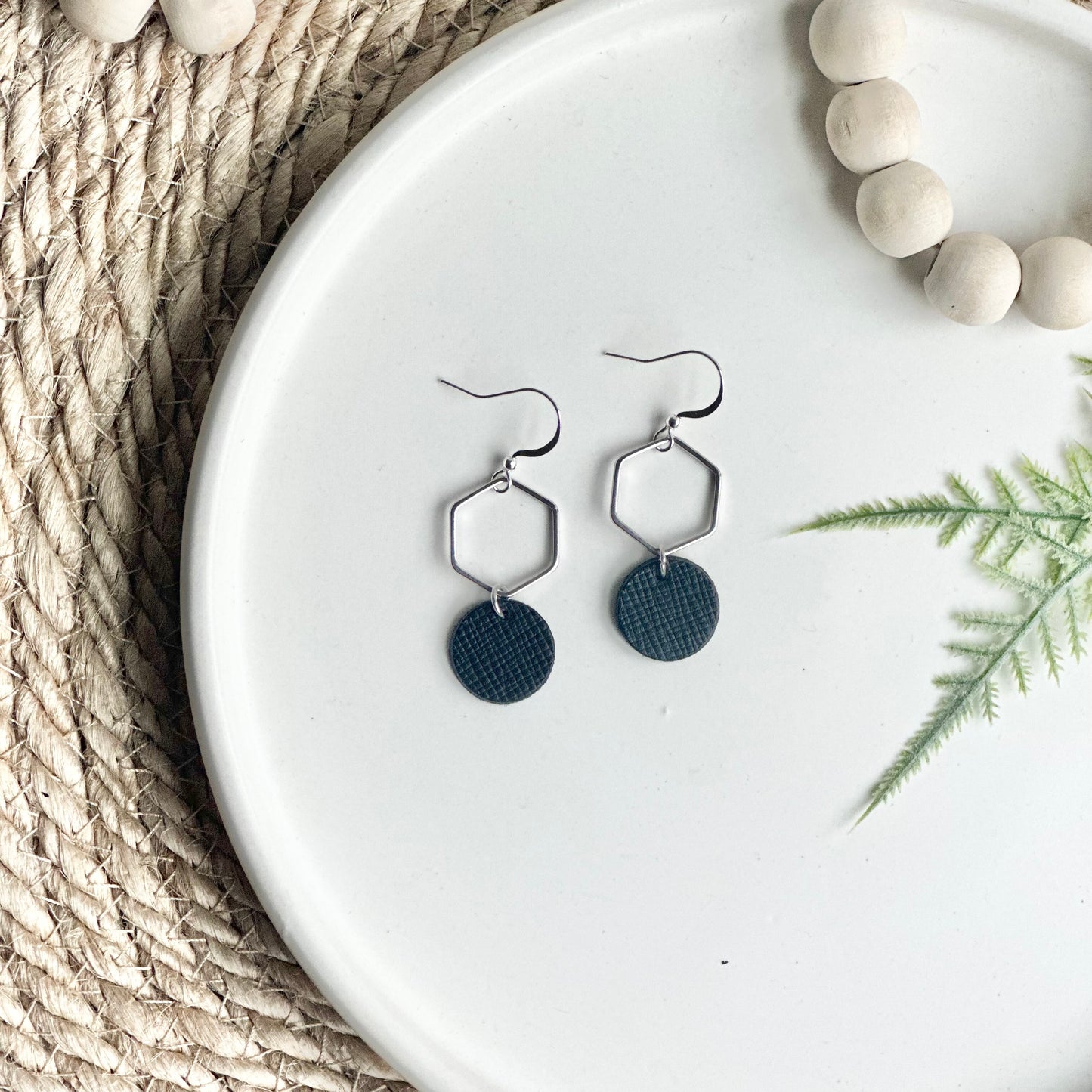 Black Textured Leather + Hexagon Earrings