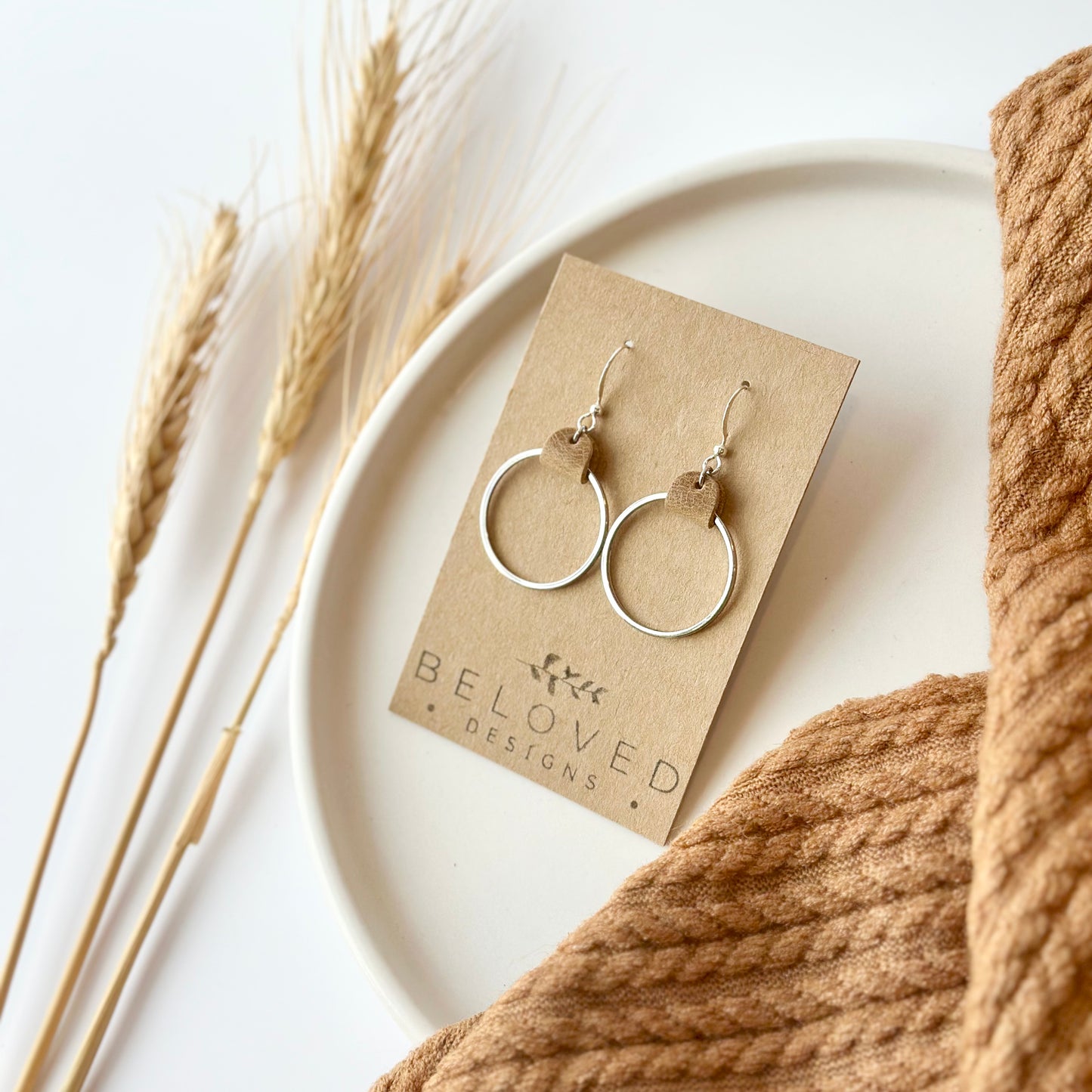 Camel Leather + Rhodium Hoop Earrings - Medium