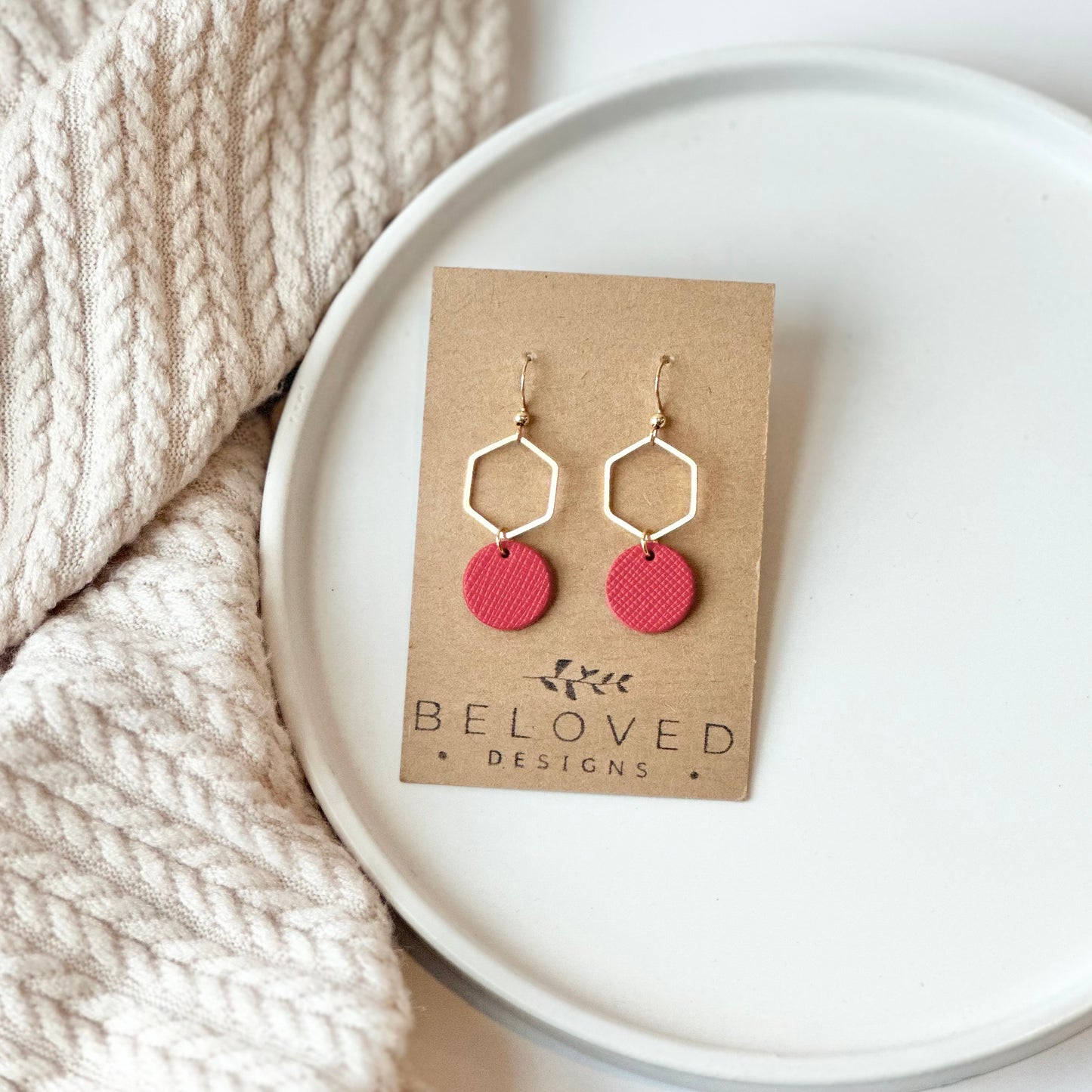 Cherry Red Leather + Hexagon Earrings