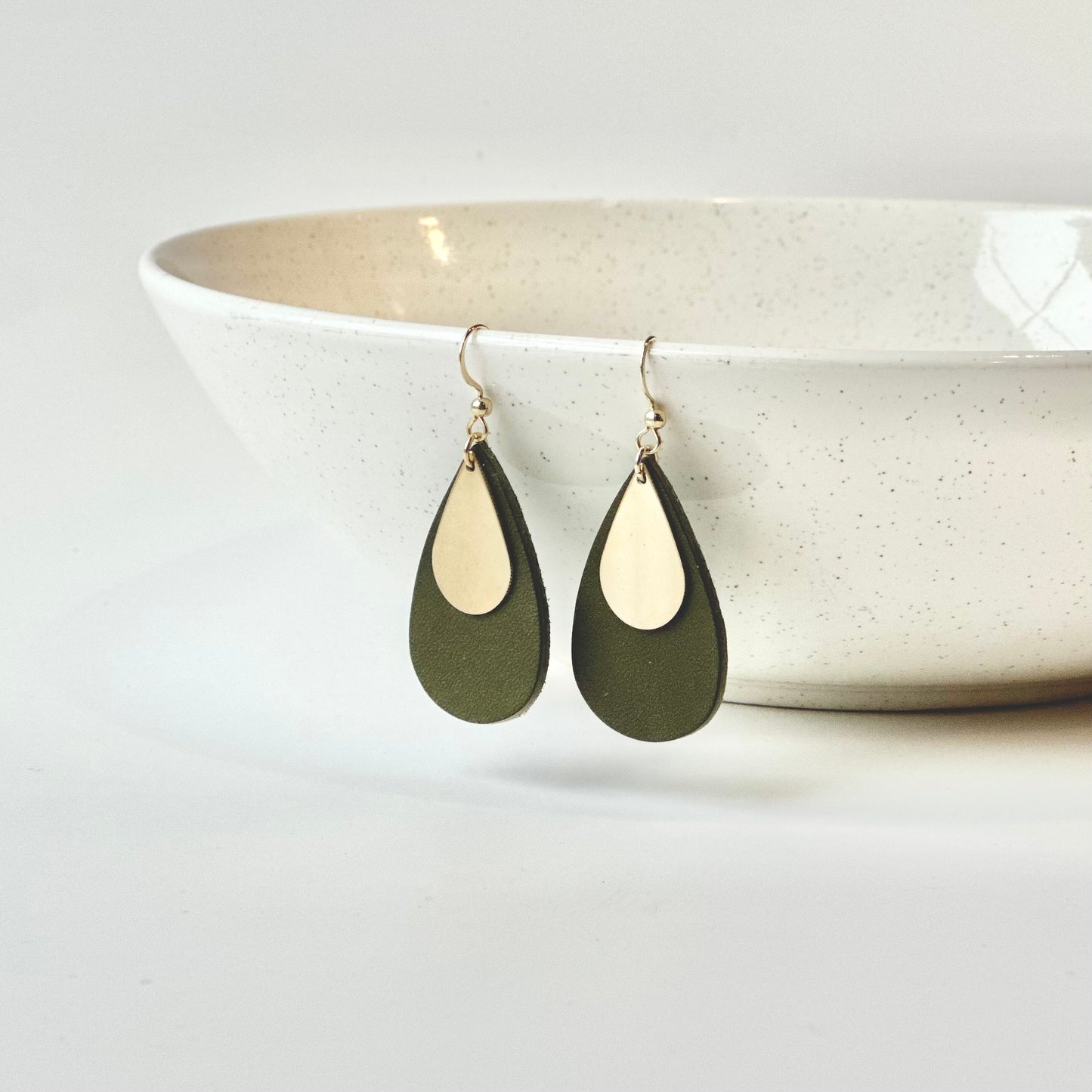 Leather Teardrop +  Brass Earrings | Olive