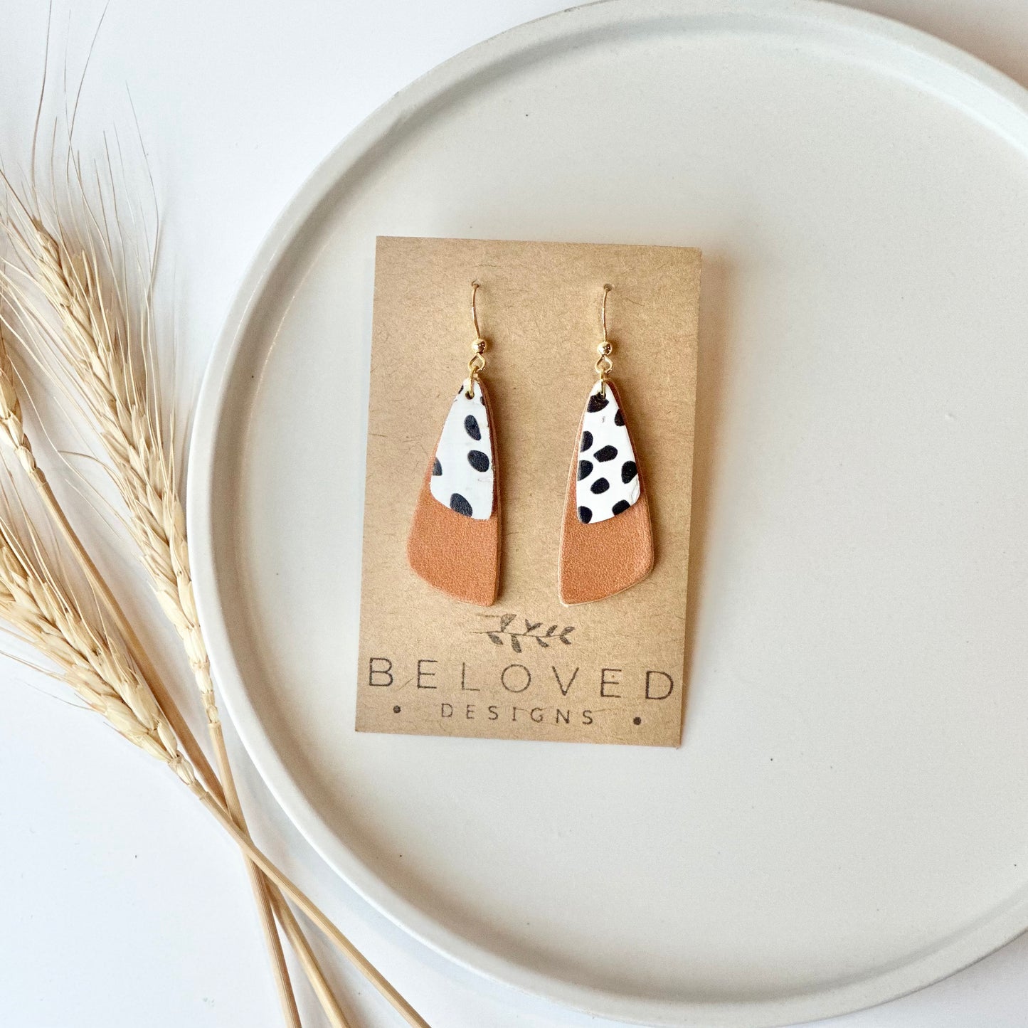 Natural Leather + Dalmatian Cork Drop Leaf Earrings