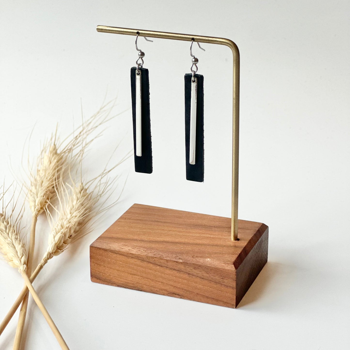 Black Leather Bar + Rhodium Bar Earrings