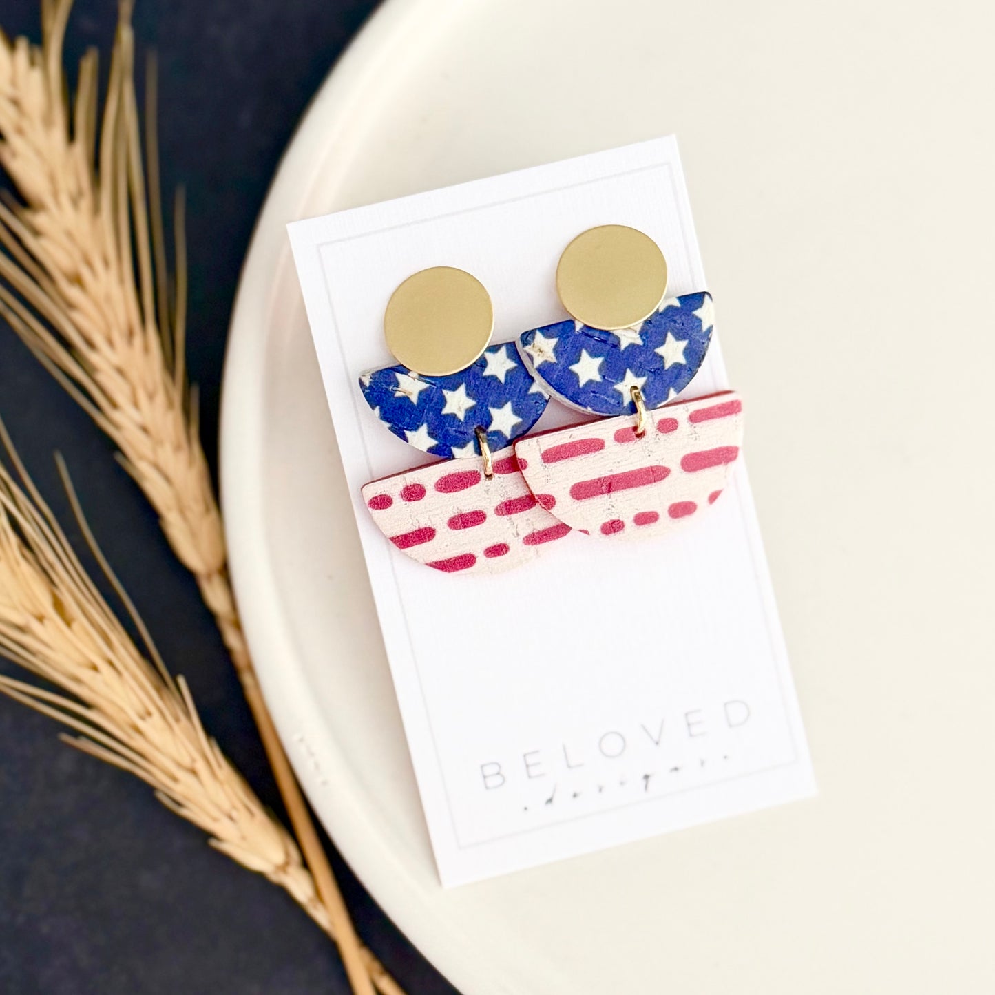 Cork Leather Double Half Circle Earrings | Stars + Dotted Stripes