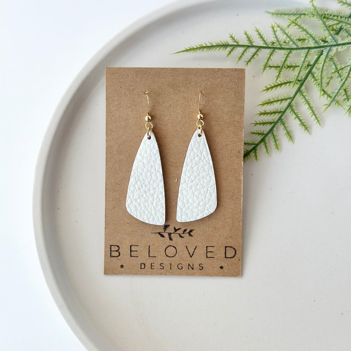 White Leather Drop Leaf Earrings