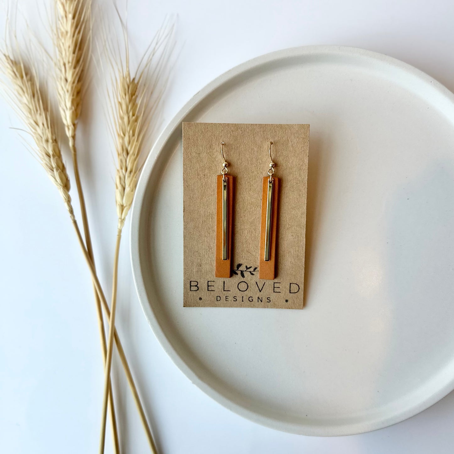 Natural Leather Bar + Gold Bar Earrings