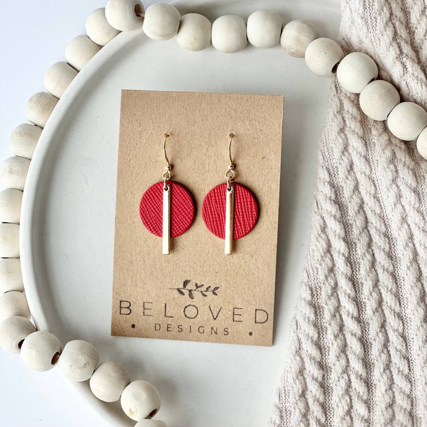 Cherry Red Textured Leather Circle + Bar Earrings