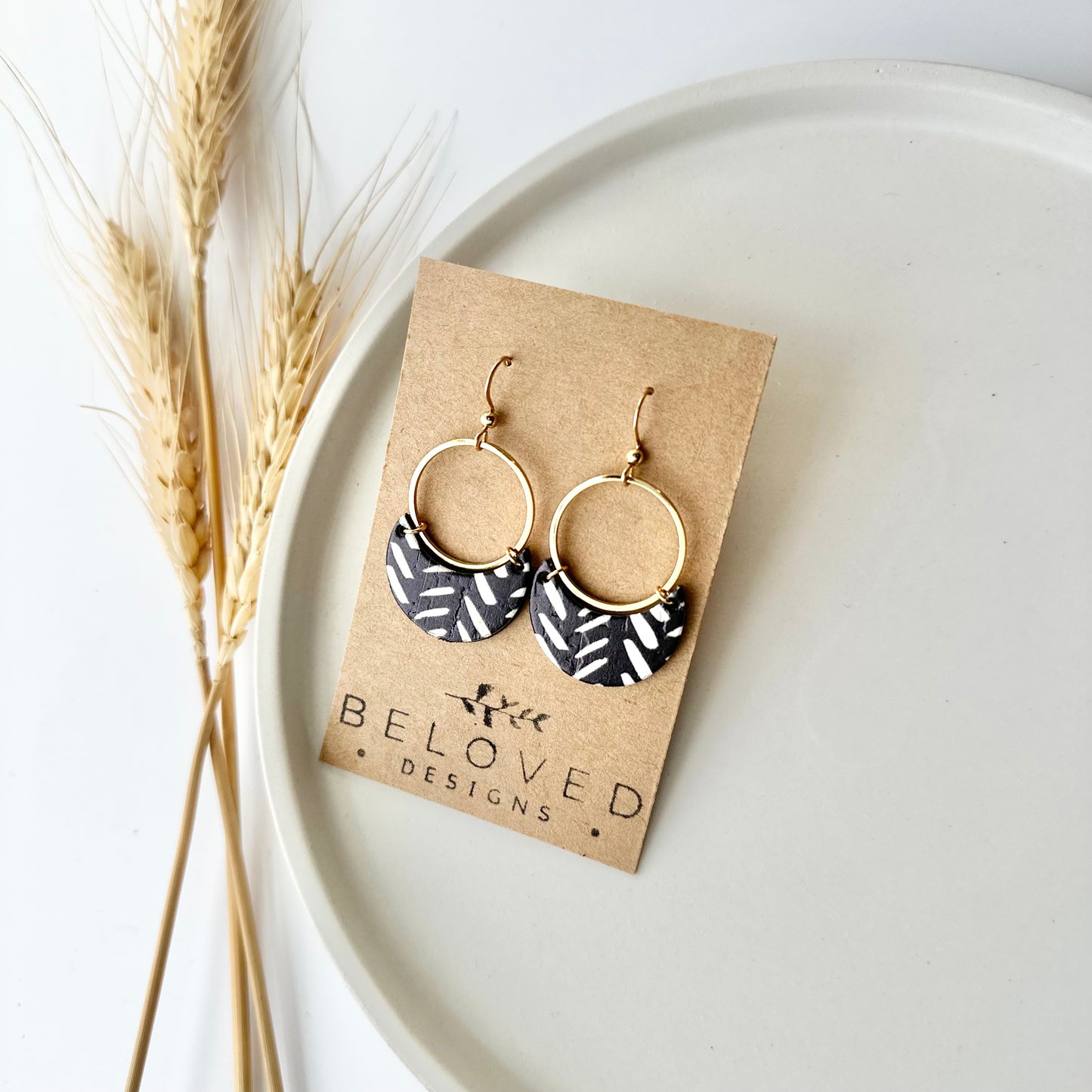 Black and White Chevron Cork Leather Crescent + Hoop Earrings