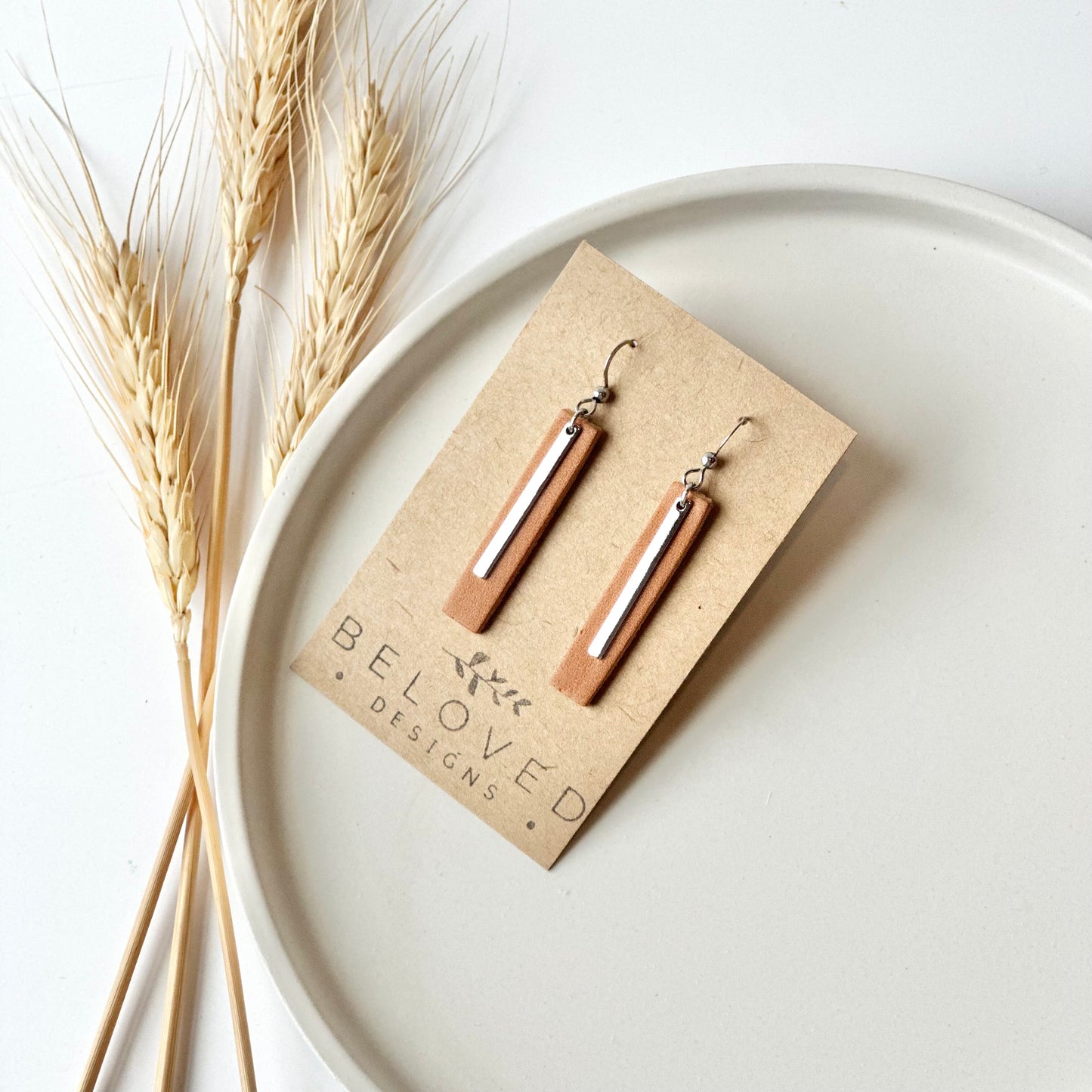 Natural Leather Bar + Rhodium Bar Earrings