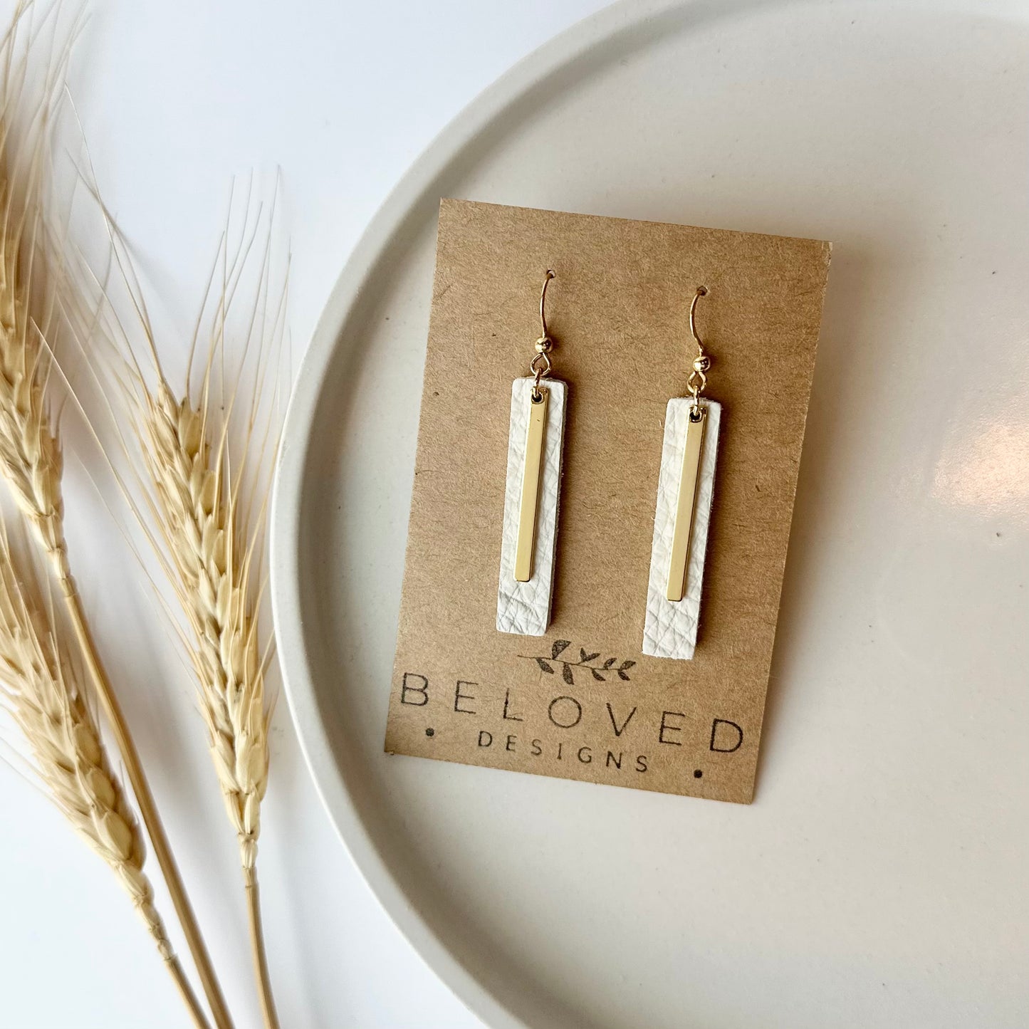 Cream Leather Bar + Gold Bar Earrings