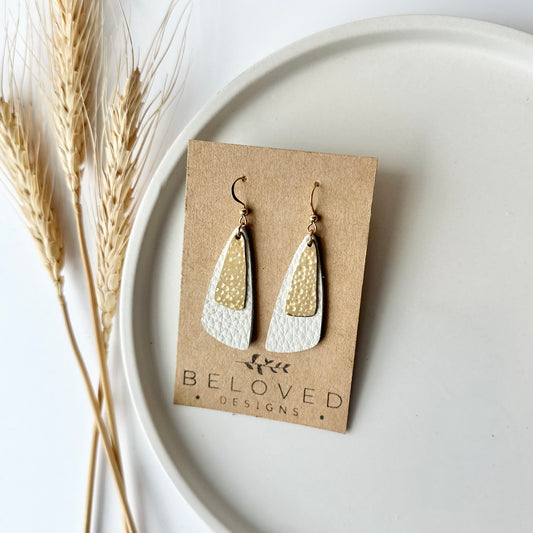 Cream Leather Drop Leaf + Hammered Brass Earrings