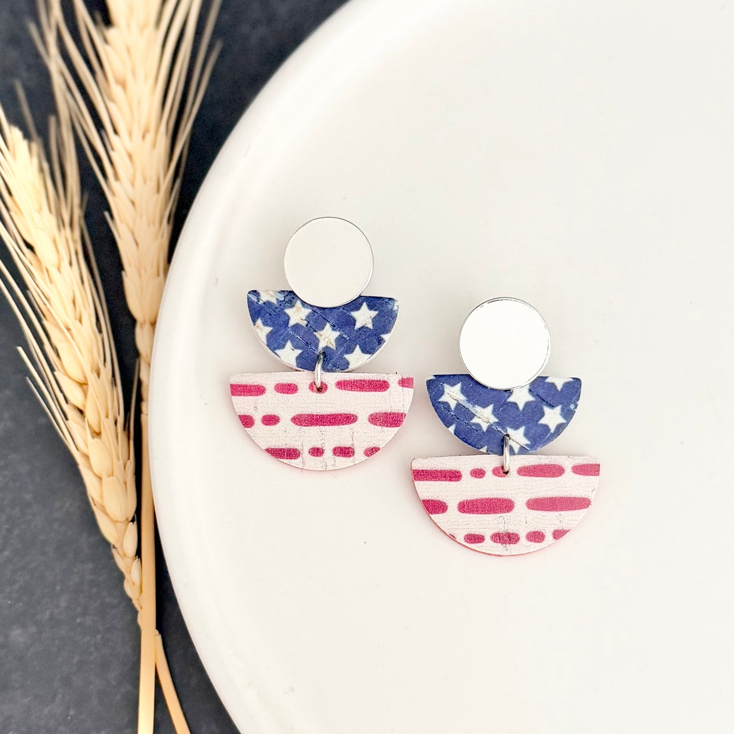 Cork Leather Double Half Circle Earrings | Stars + Dotted Stripes