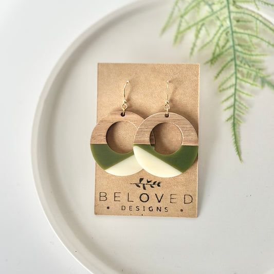 Army Green Resin + Wood Hoop Earrings