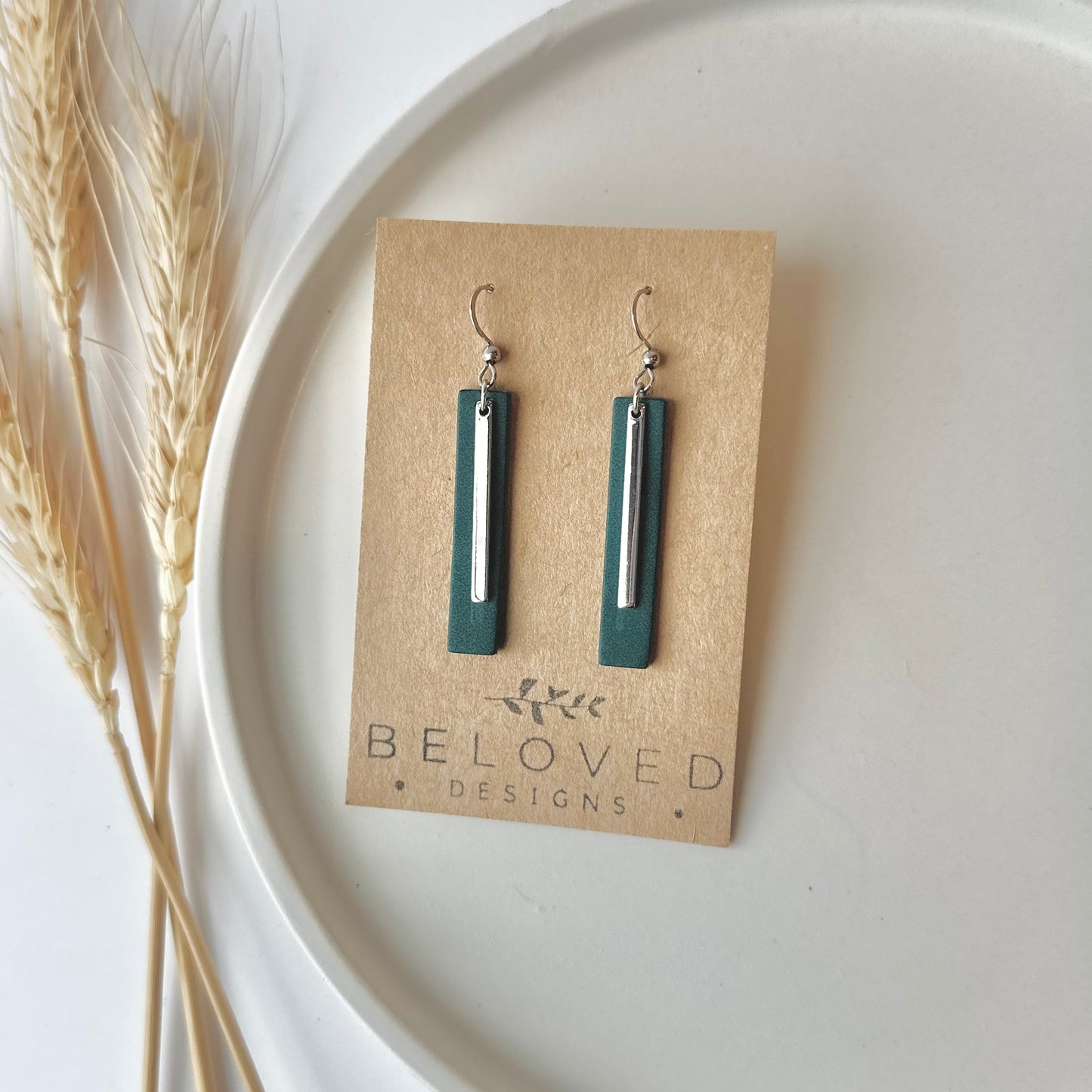 Deep Teal Leather Bar + Rhodium Bar Earrings