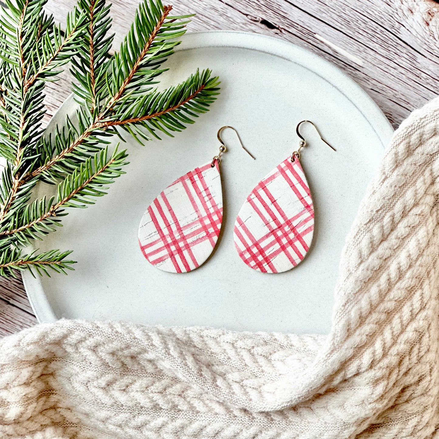 Farmhouse Plaid Cork Leather Teardrop Earrings