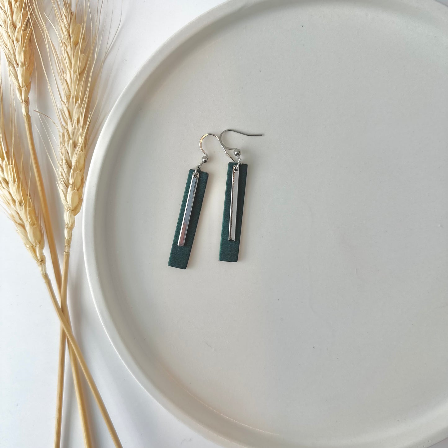 Deep Teal Leather Bar + Rhodium Bar Earrings