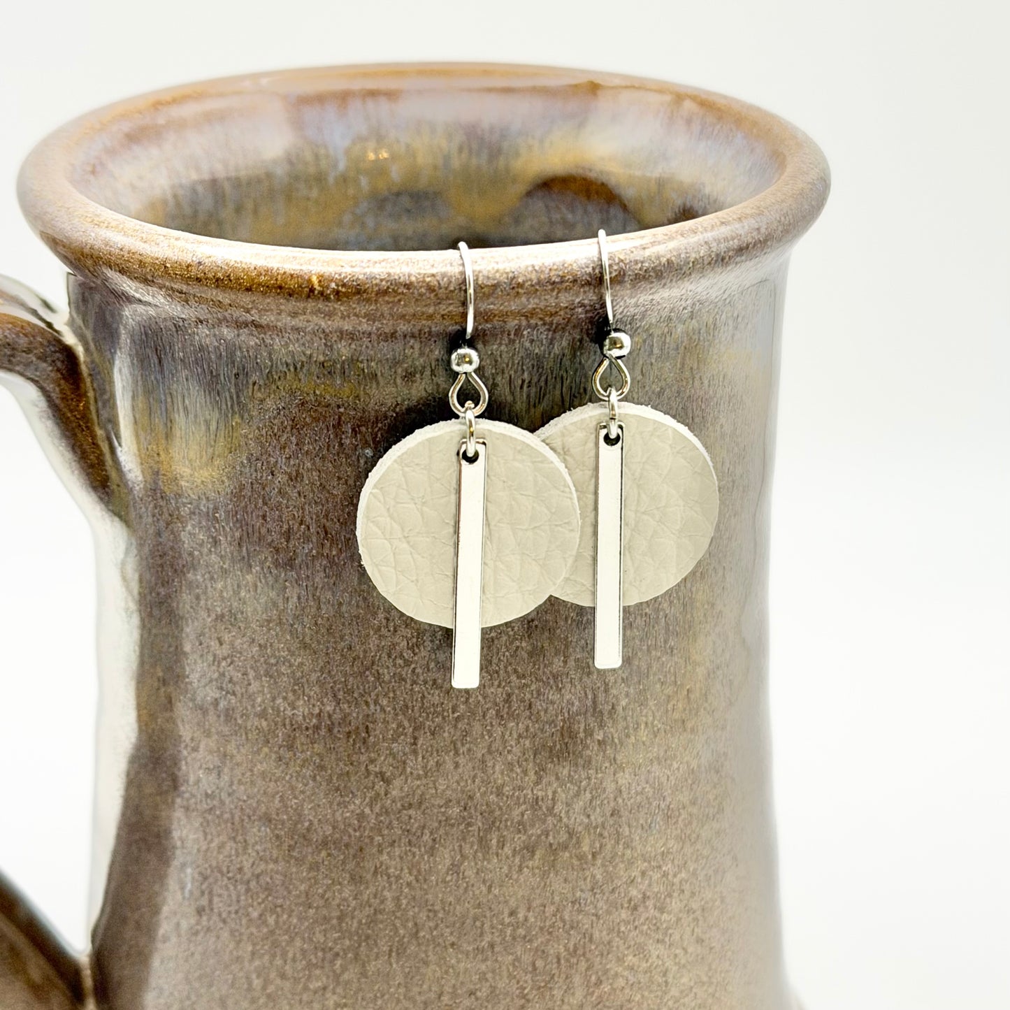 Leather Circle + Rhodium Bar Earrings | White