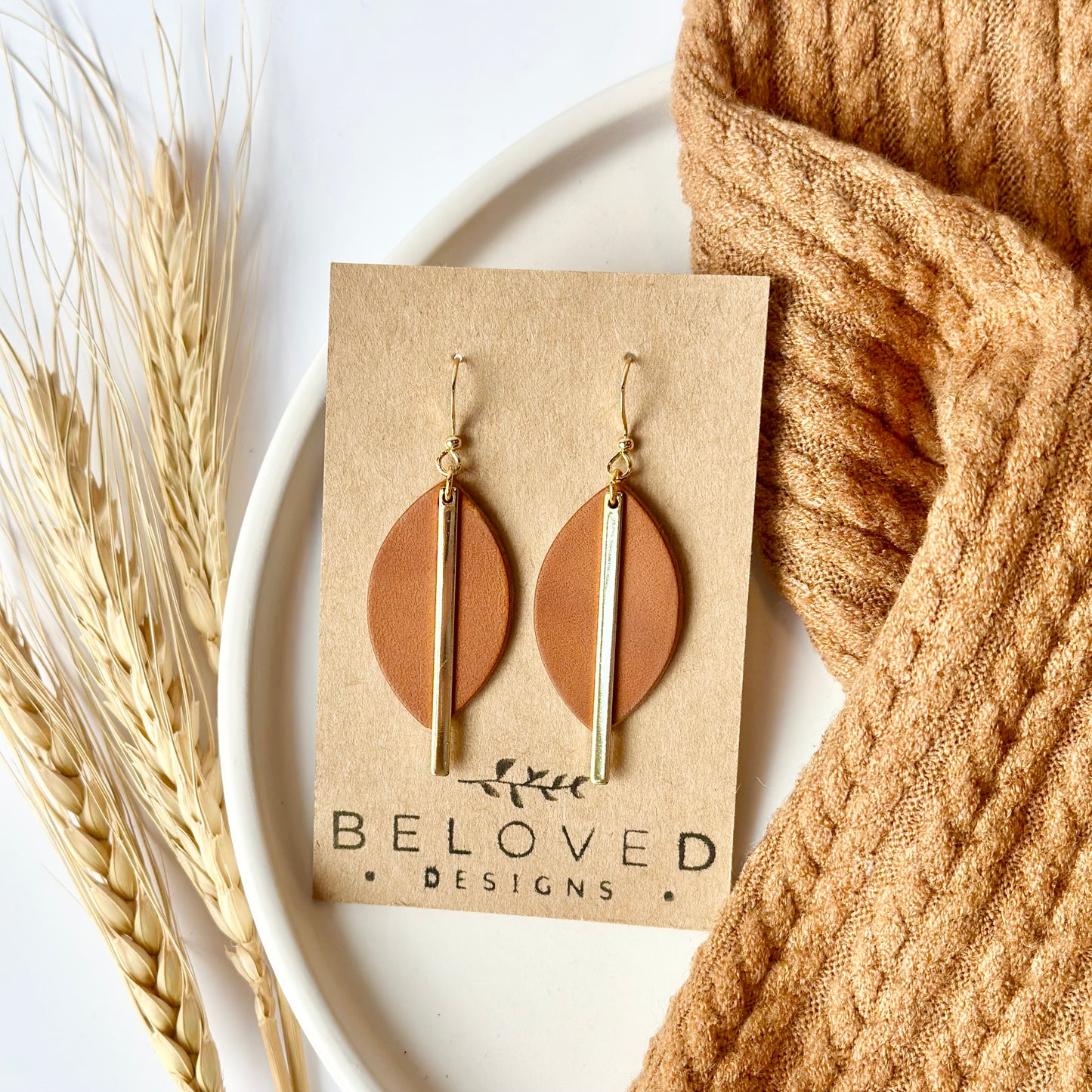 Cognac Leather Leaf + Gold Bar Earrings