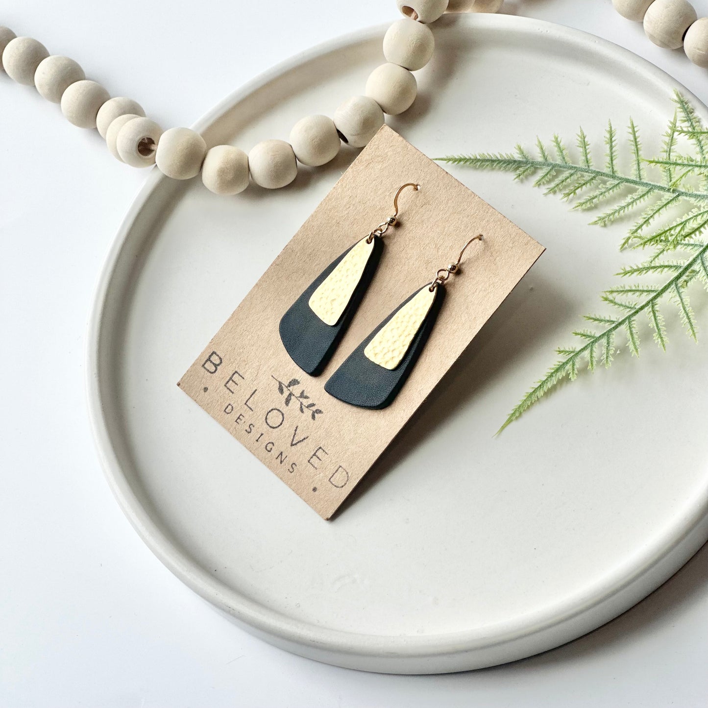 Black Leather Drop Leaf + Hammered Brass Earrings