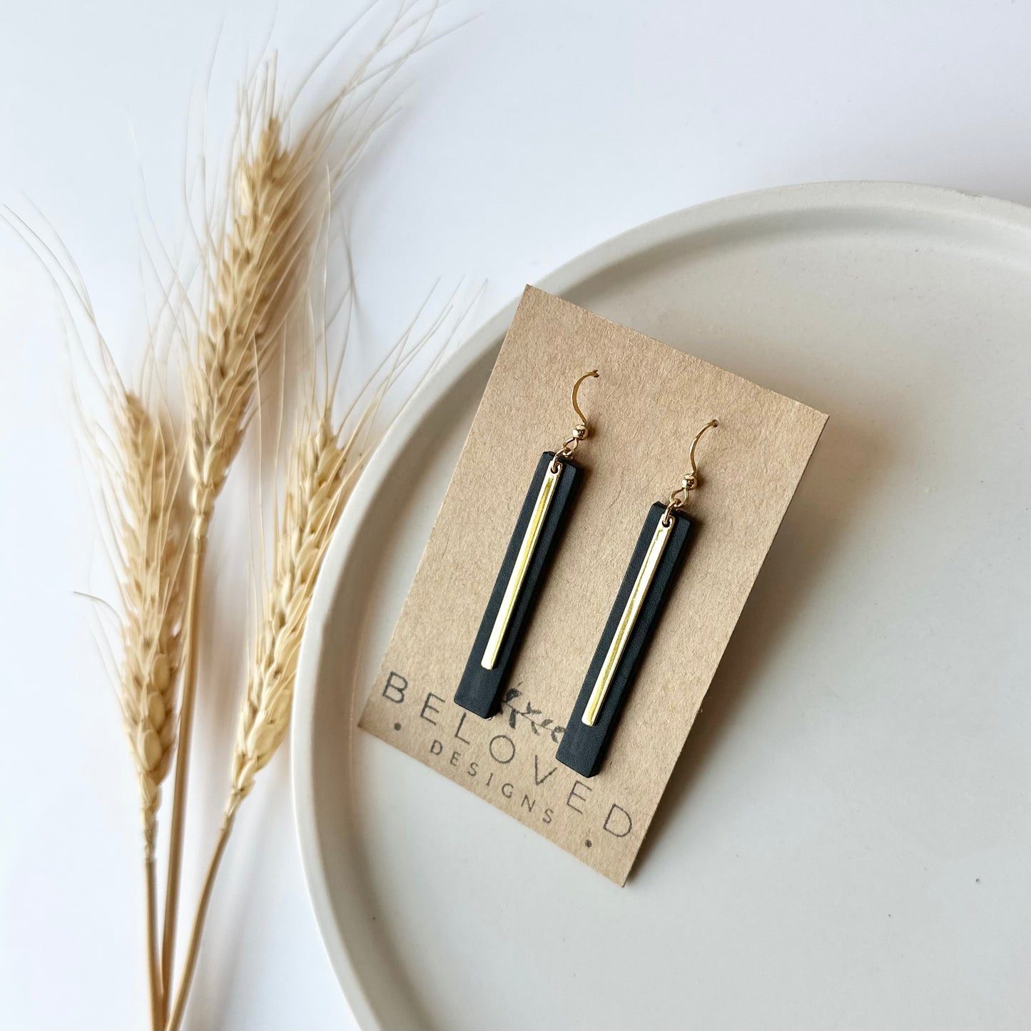 Black Leather Bar + Gold Bar Earrings