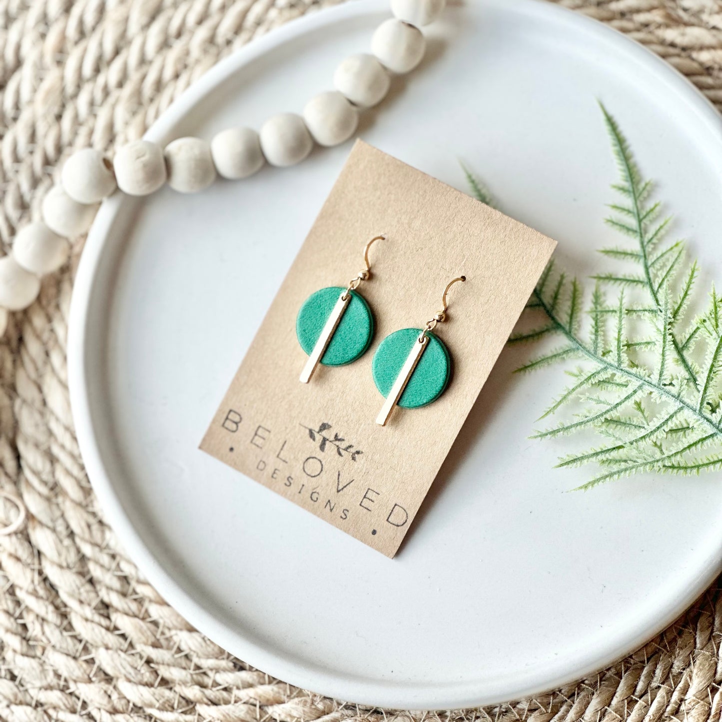 Emerald Green Leather Circle + Bar Earrings