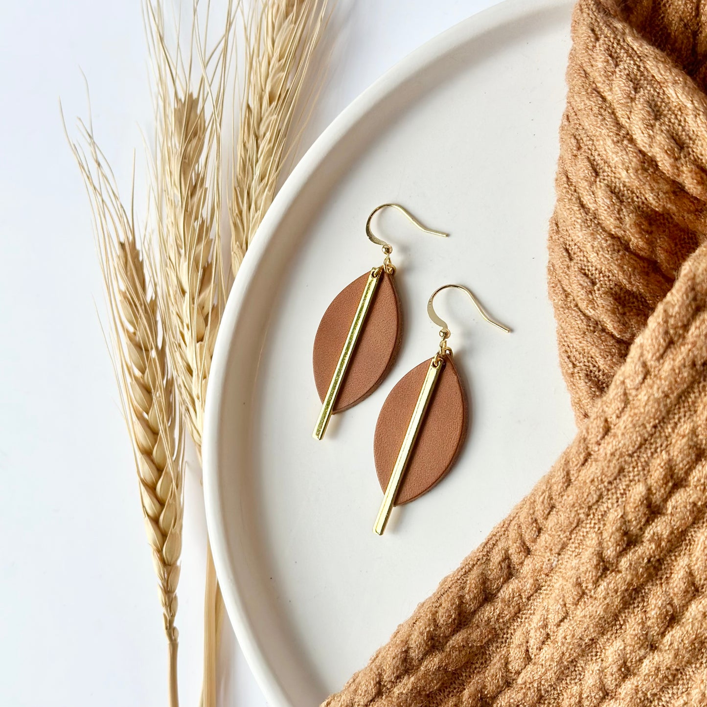 Cognac Leather Leaf + Gold Bar Earrings