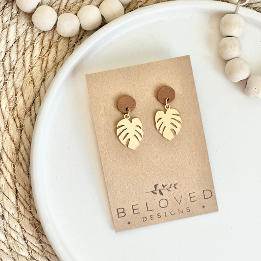 Petite Gold Plated Monstera + Wood Stud Earrings