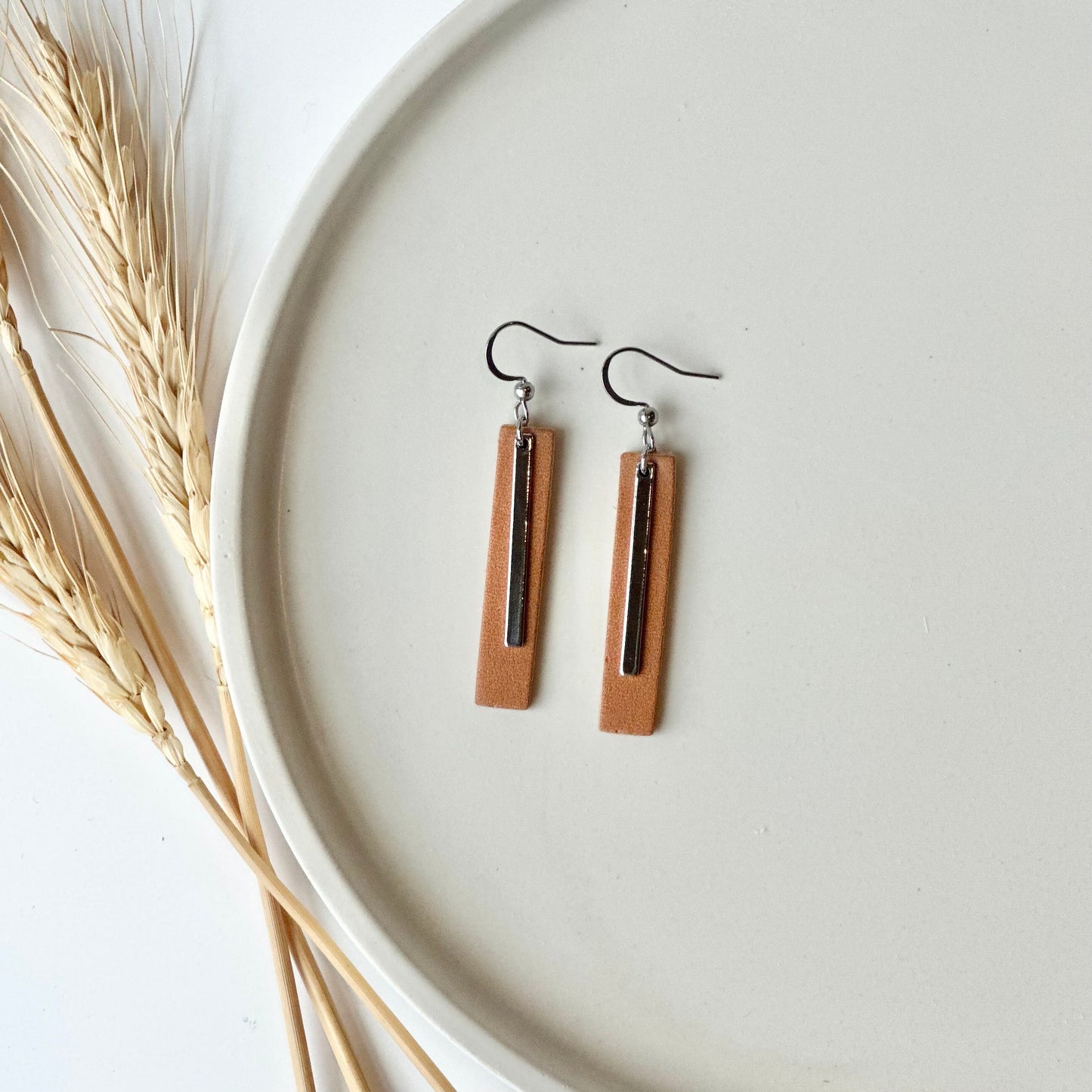 Natural Leather Bar + Rhodium Bar Earrings