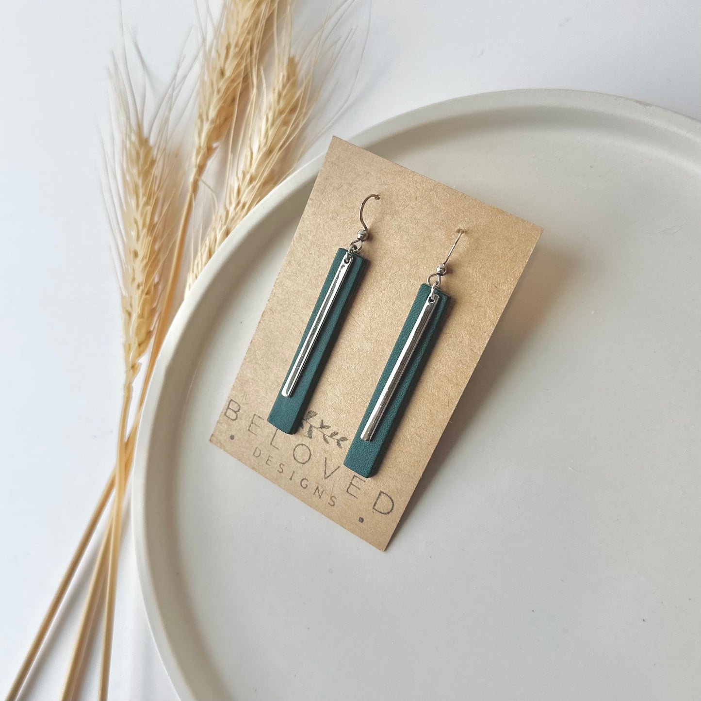 Deep Teal Leather Bar + Rhodium Bar Earrings