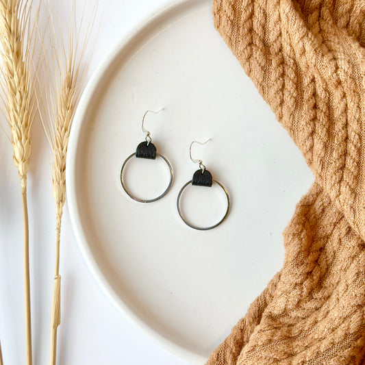 Black Leather + Rhodium Hoop Earrings - Medium