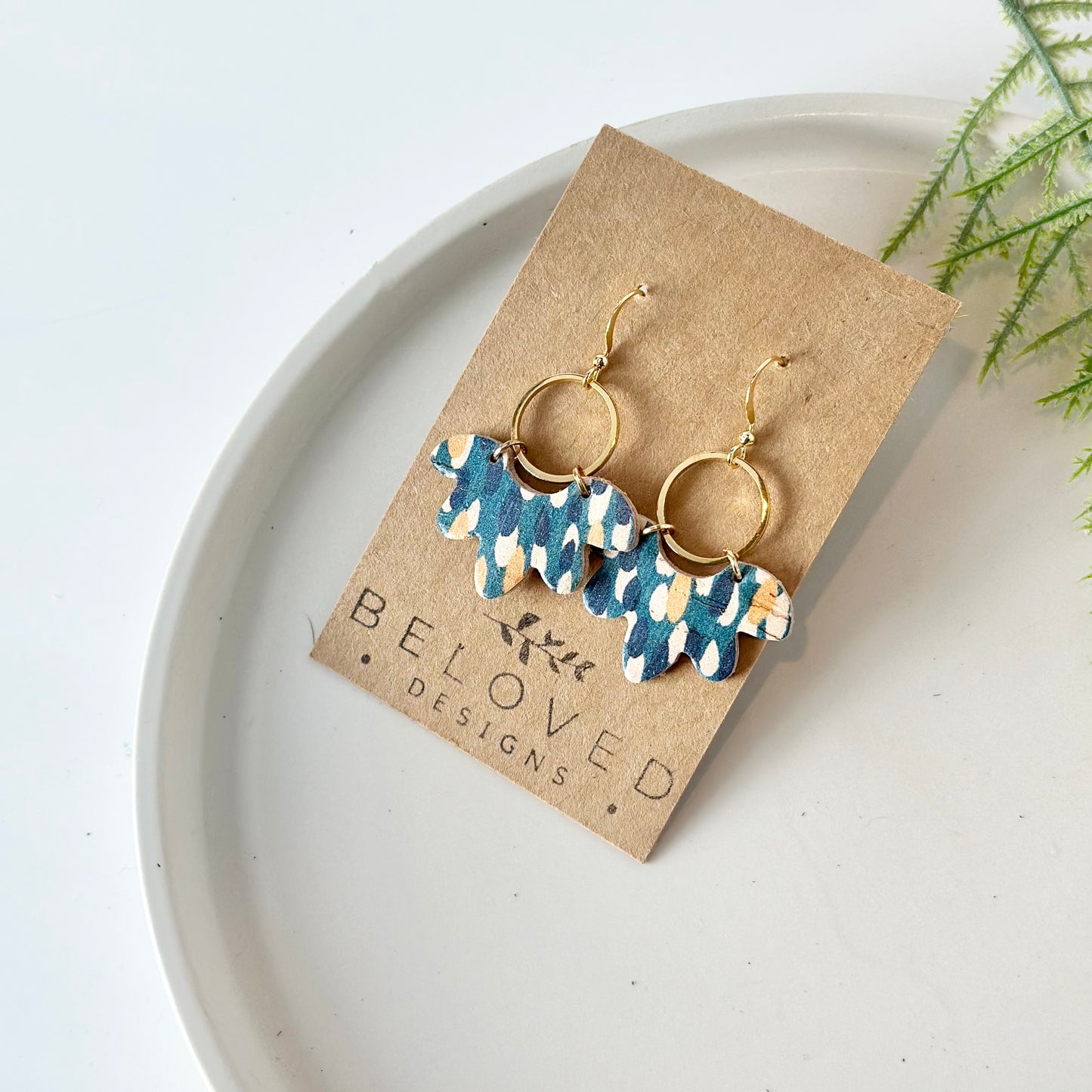 Abstract Teal Cork Leather Flower + Hoop Earrings