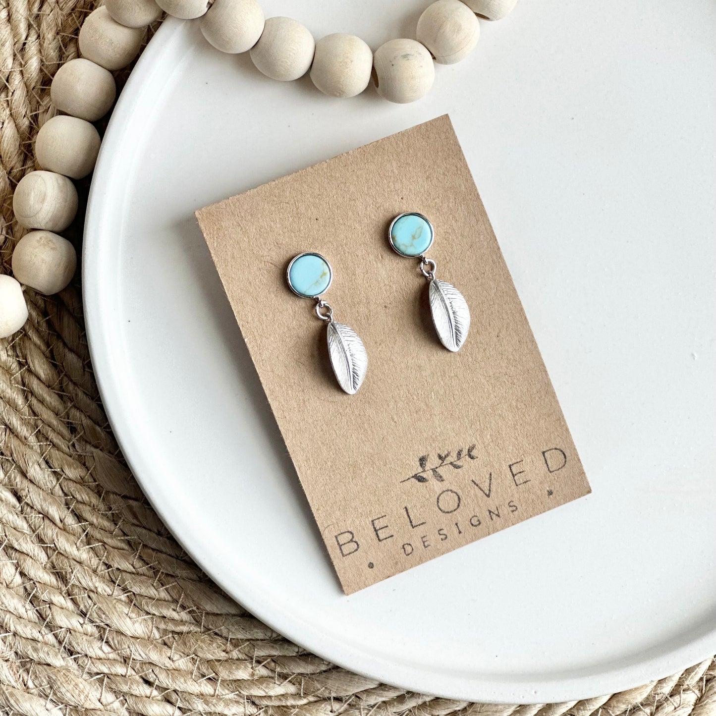 Turquoise Howlite Stud + Silver Leaf Earrings