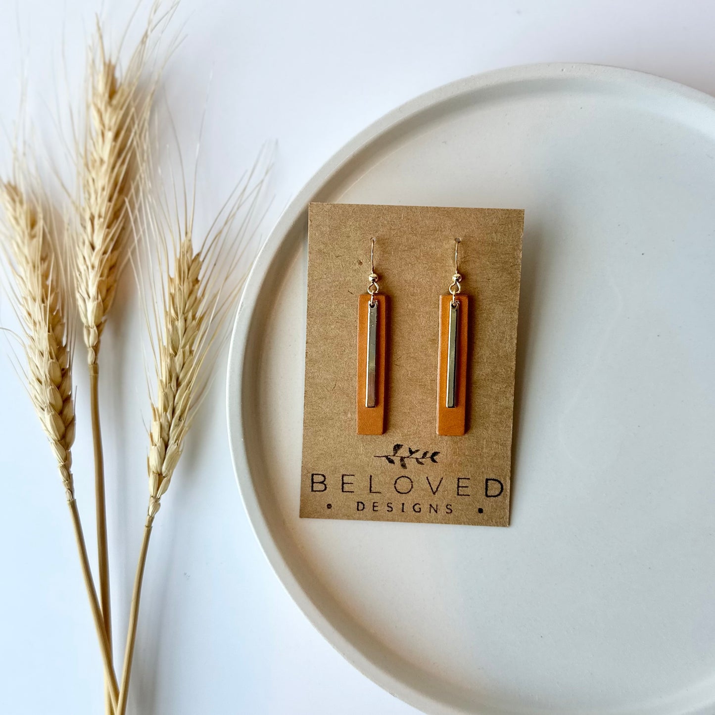 Natural Leather Bar + Gold Bar Earrings