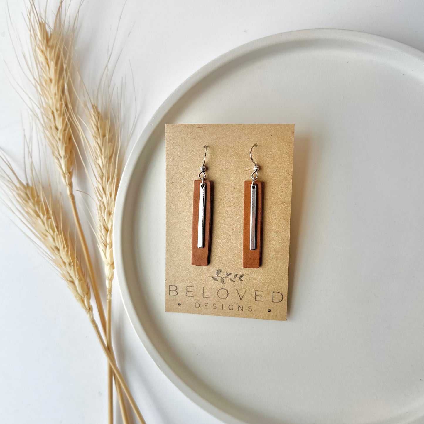 Cognac Leather Bar + Rhodium Bar Earrings