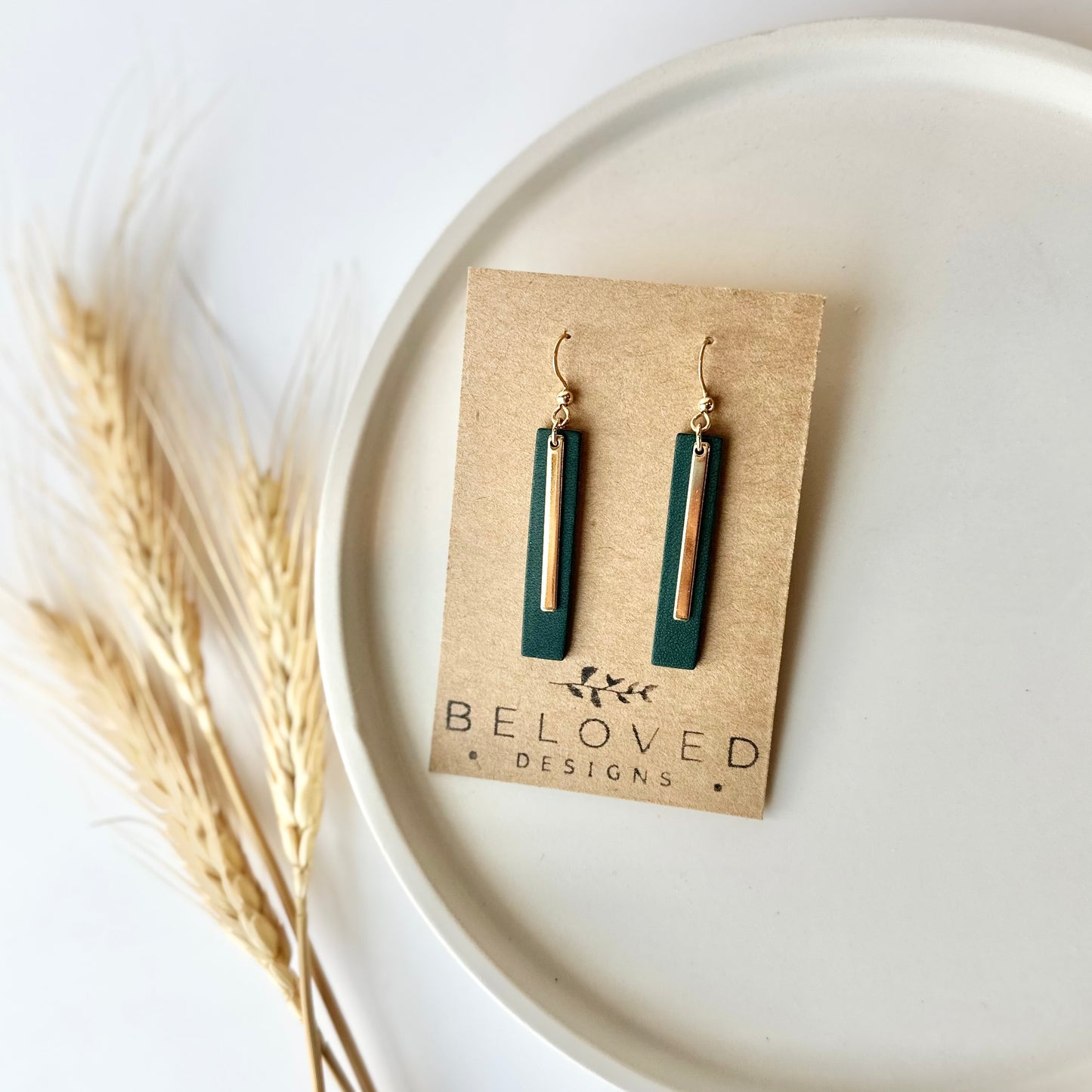 Deep Teal Leather Bar + Gold Bar Earrings