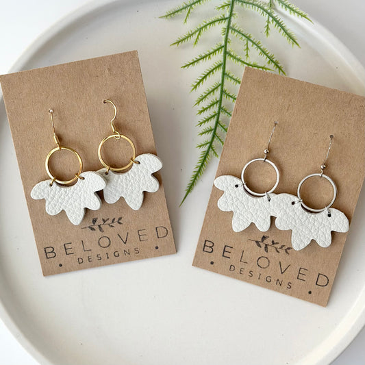 White Leather Flower + Hoop Earrings