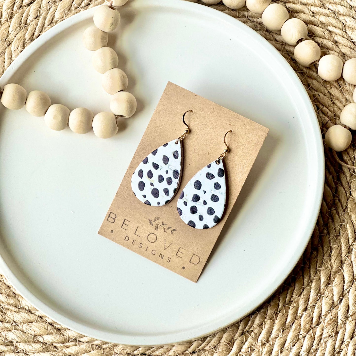 Dalmatian Cork Leather Teardrop Earrings