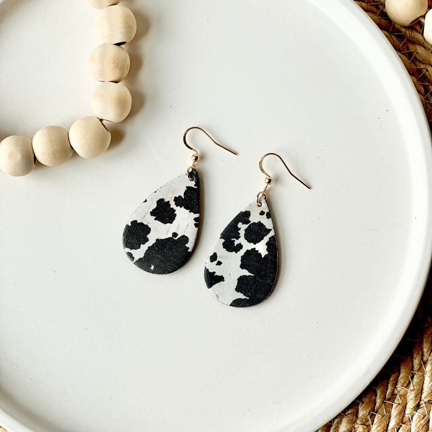 Cow Print Cork Leather Teardrop Earrings