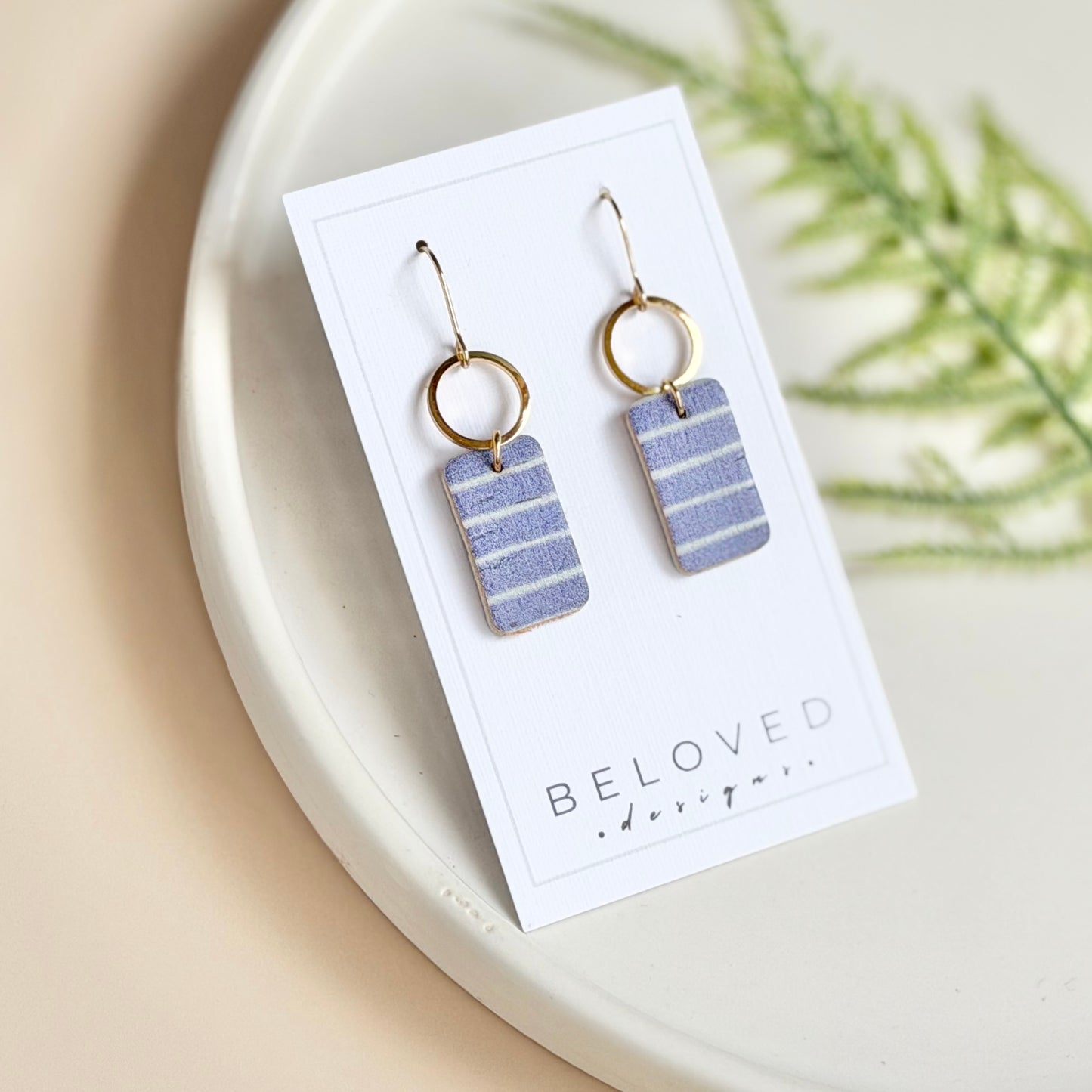 Cork Leather Rectangle + Hoop Earrings | Pale Blue Stripe