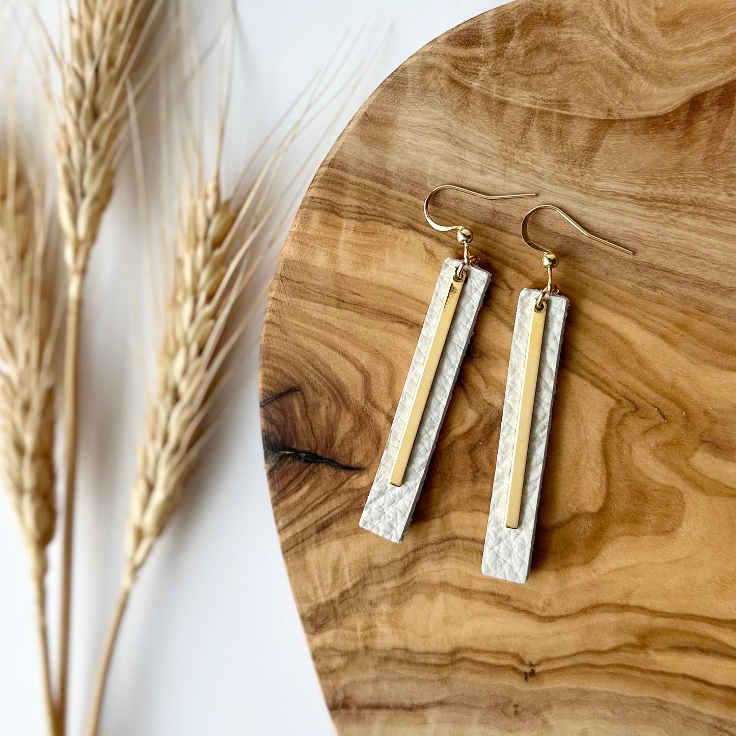 Cream Leather Bar + Gold Bar Earrings