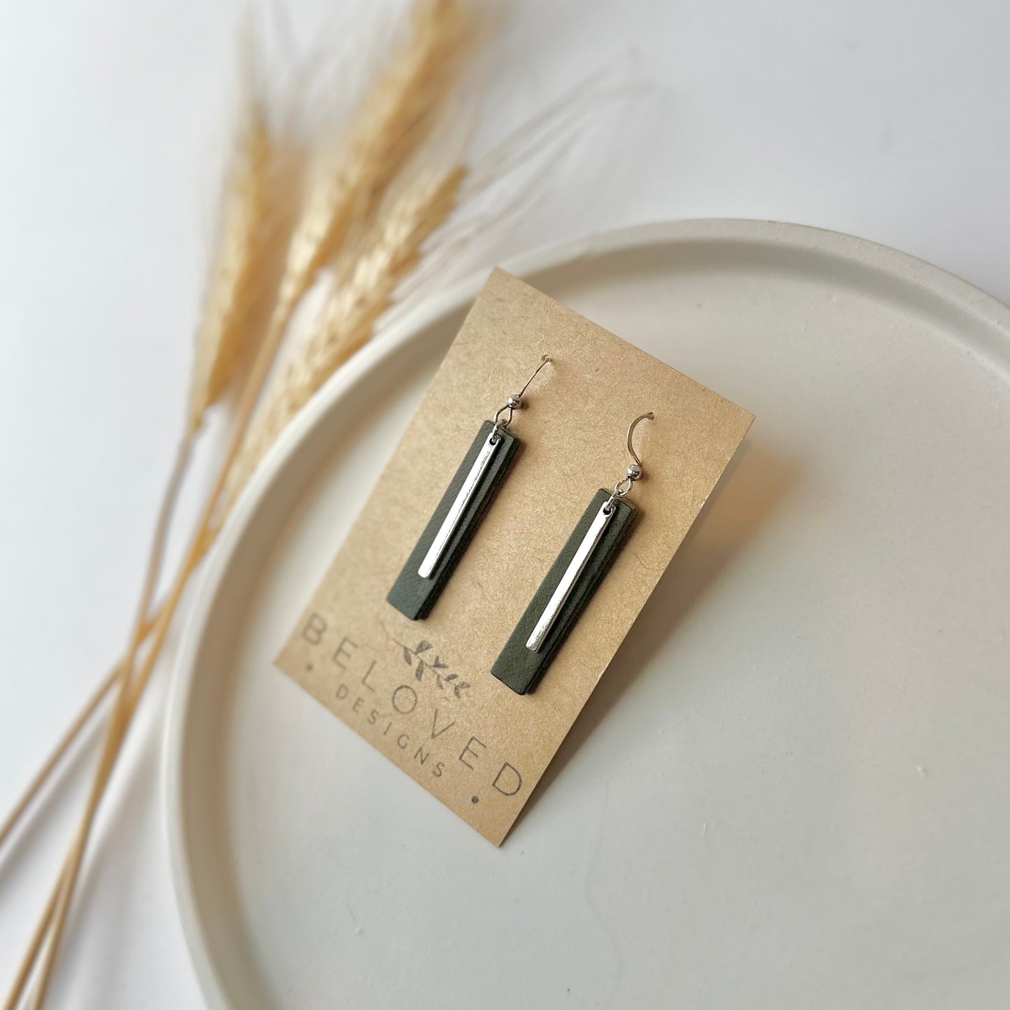 Olive Leather Bar + Rhodium Bar Earrings