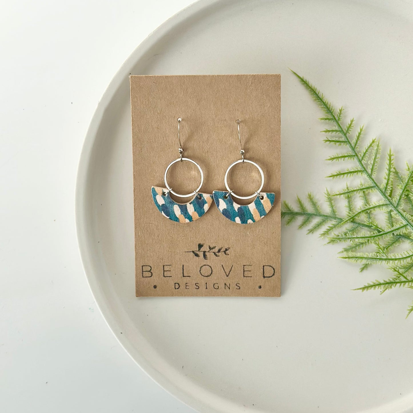 Abstract Teal Cork Leather Crescent + Hoop Earrings